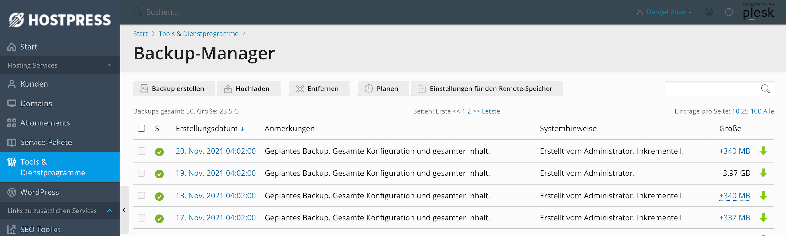 Elementor Backups ausreichend bei gutem Hosting Anbieter wie z. B. HostPress