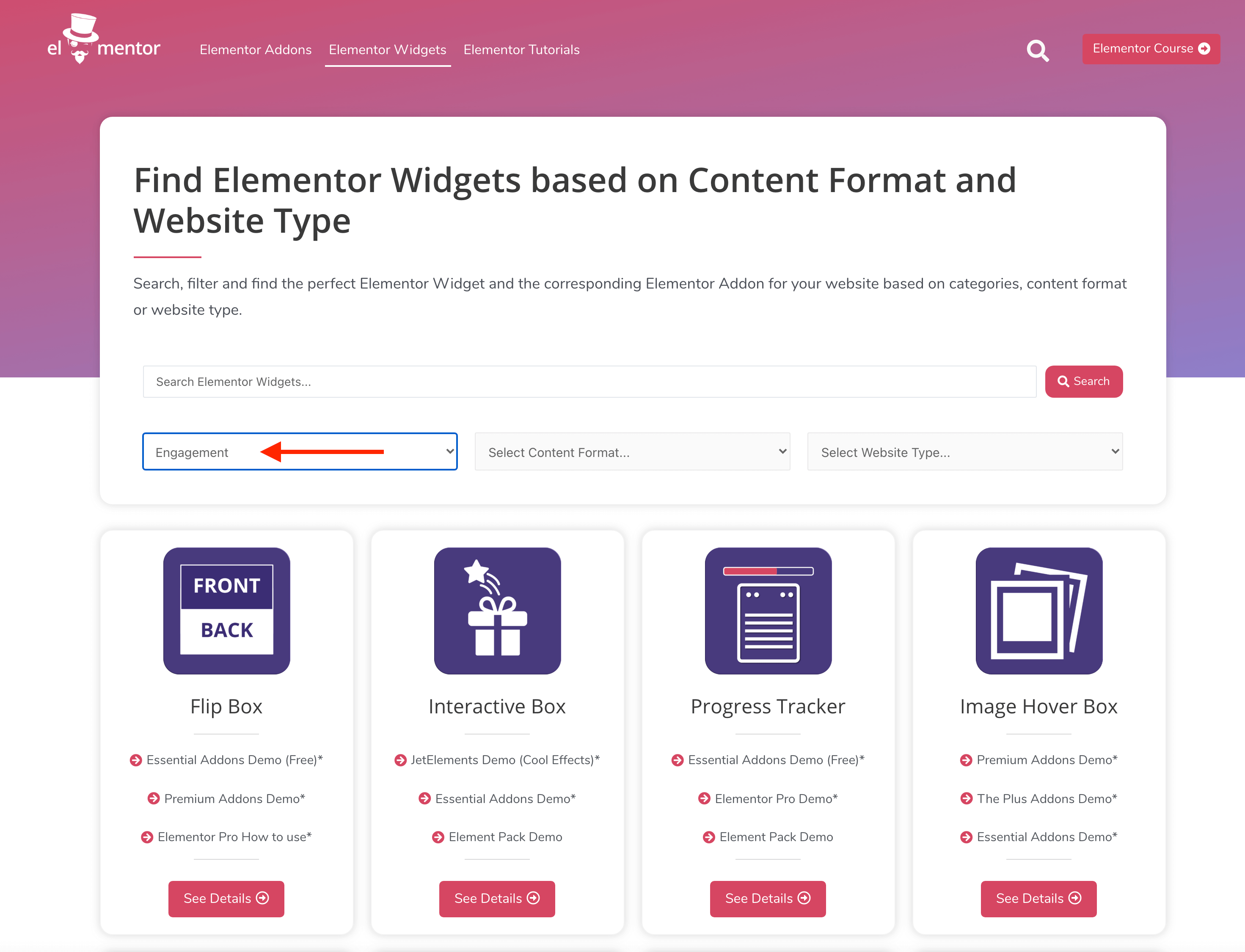 Finde Elementor Widgets für mehr User Engagement mit dem Widget Finder von el-mentor.com