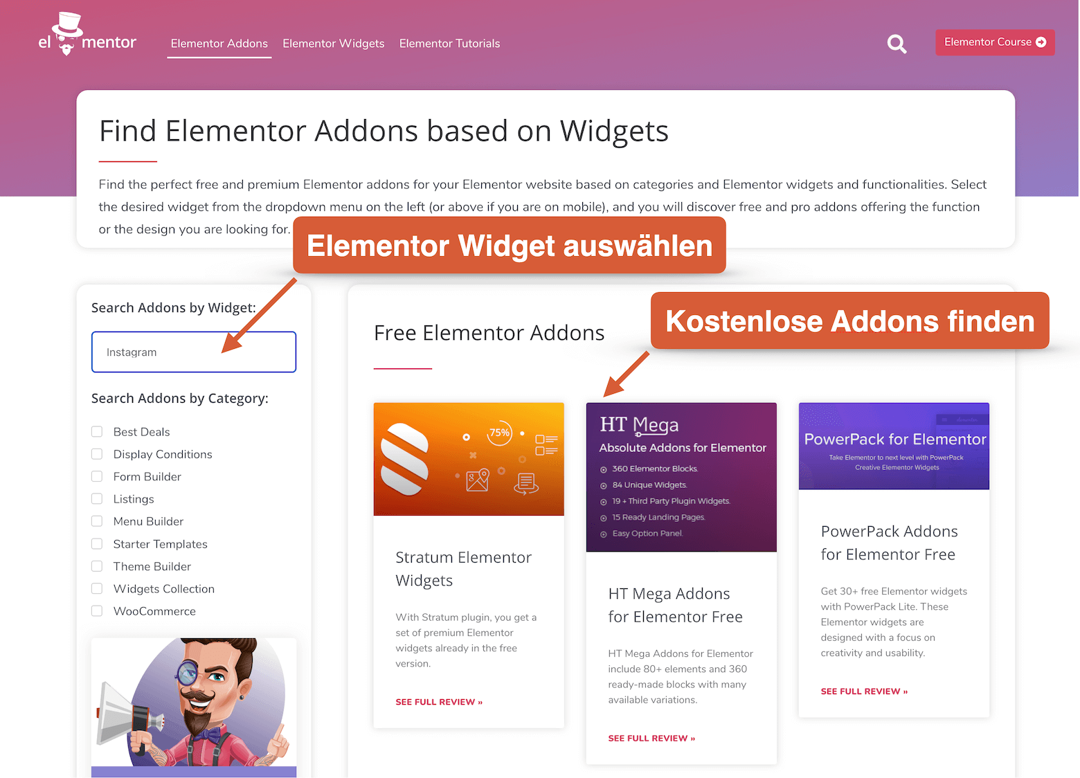 Elementor Addons Suche - Finde Elementor Addons anhand Widgets auf el-mentor.com