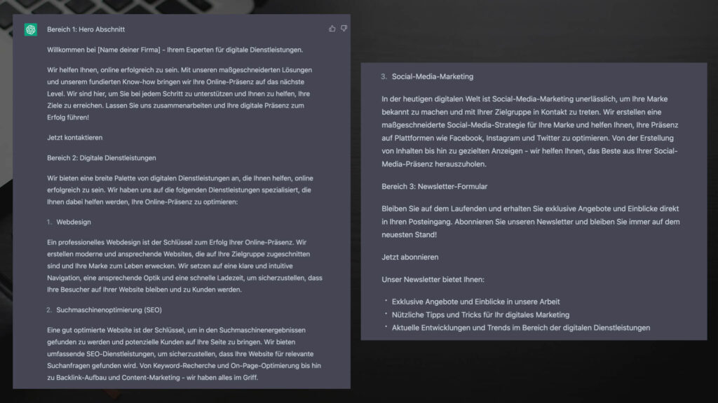 Strukturierte Antwort von ChatGPT für einen Website Text